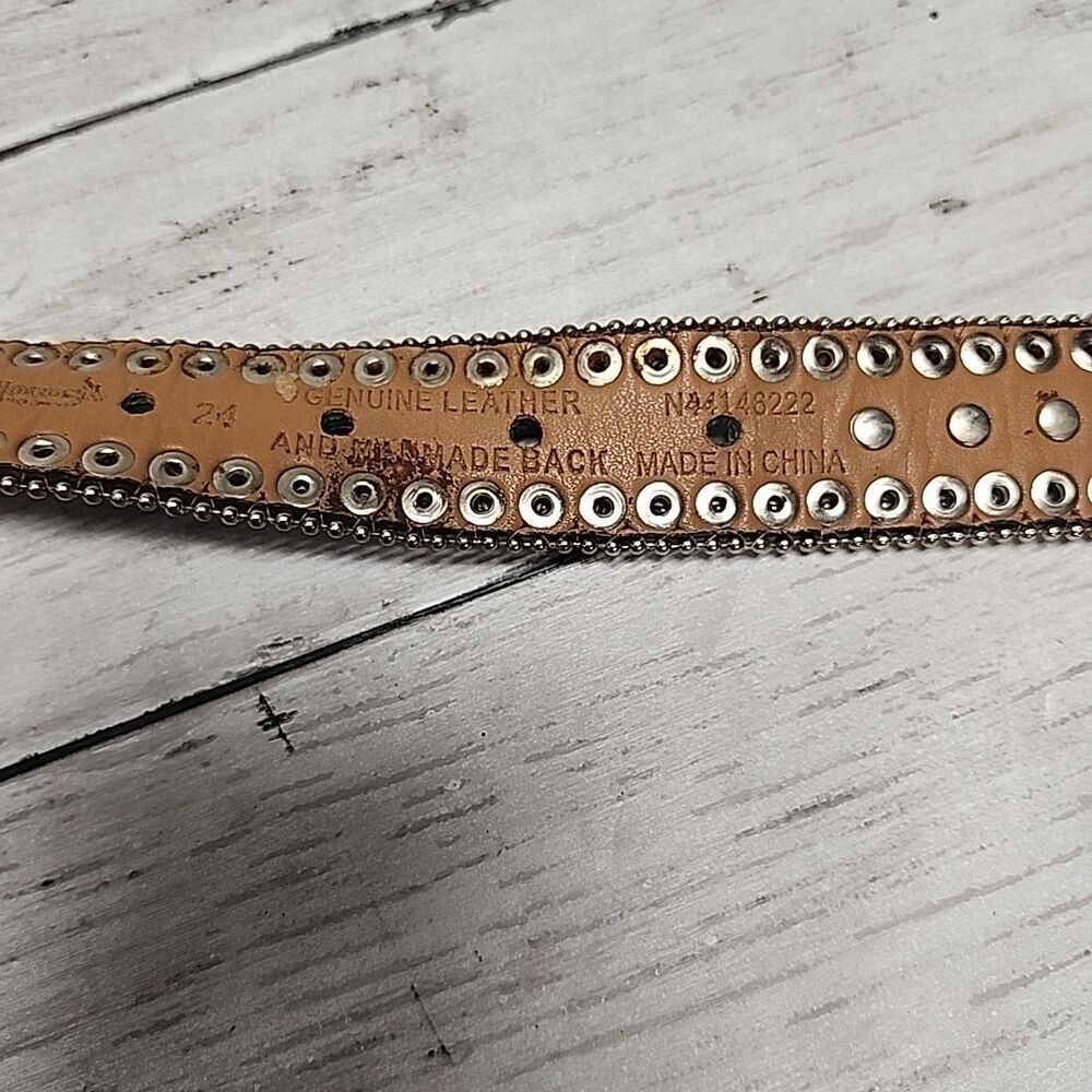 VTG Y2K Leather Buckle Belt NOCONA Animal Print 24 S Western RHINESTONE Studded - Picture 4 of 12